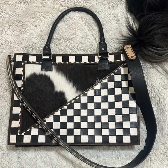 GORGEOUS Black & White Checkerboard Leather Tote with Haircalf Accent - Picture 1 of 5